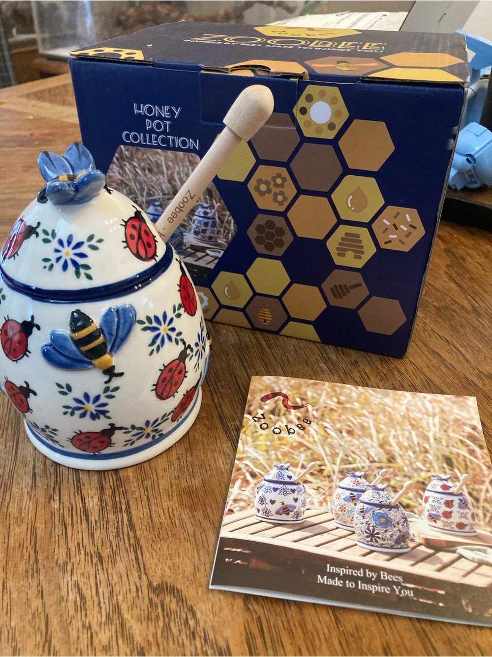 Zoobee Bee & Ladybug Ceramic Honey Pot - Blue, Red, White